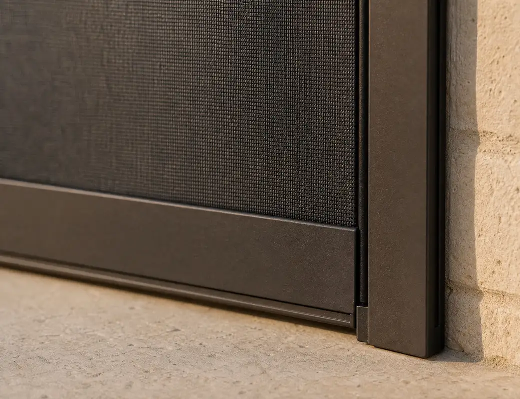 Close-up of a screen’s lower corner: fabric running into a bronze side track, the bottom bar meeting the track against a limestone column.