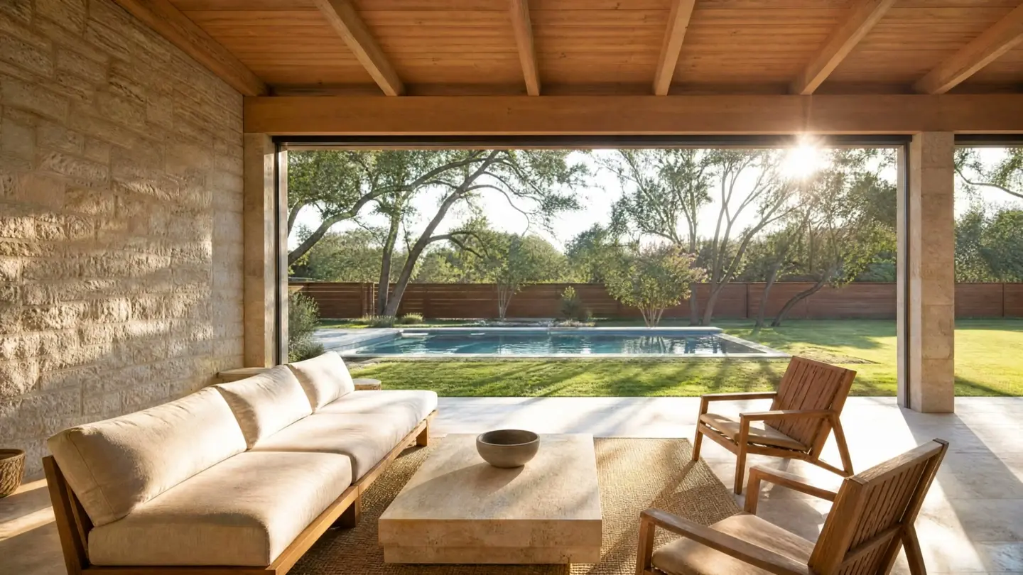 A covered limestone and cedar patio facing west over a pool and live oaks, with a retractable screen housed above the opening.
