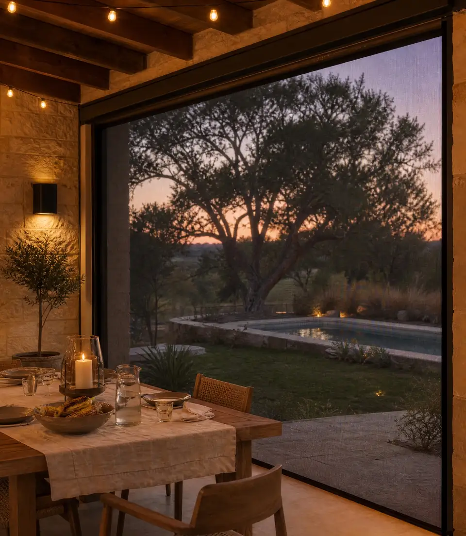 A dinner table set at summer dusk behind a fine black mesh screen, a live oak and pool beyond.