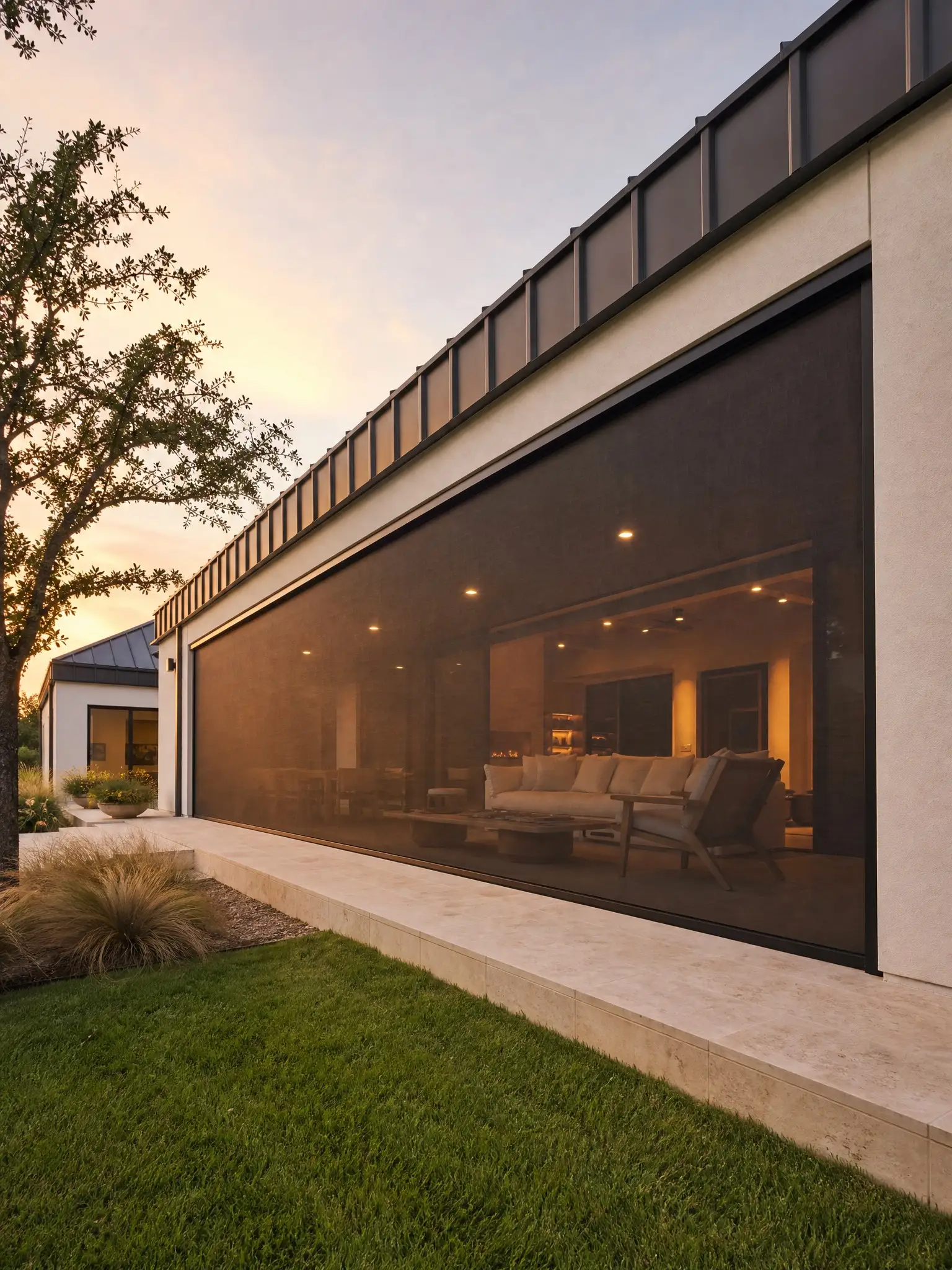 A white stucco home at golden hour with one long charcoal screen closed across the patio, the lit interior visible through it.