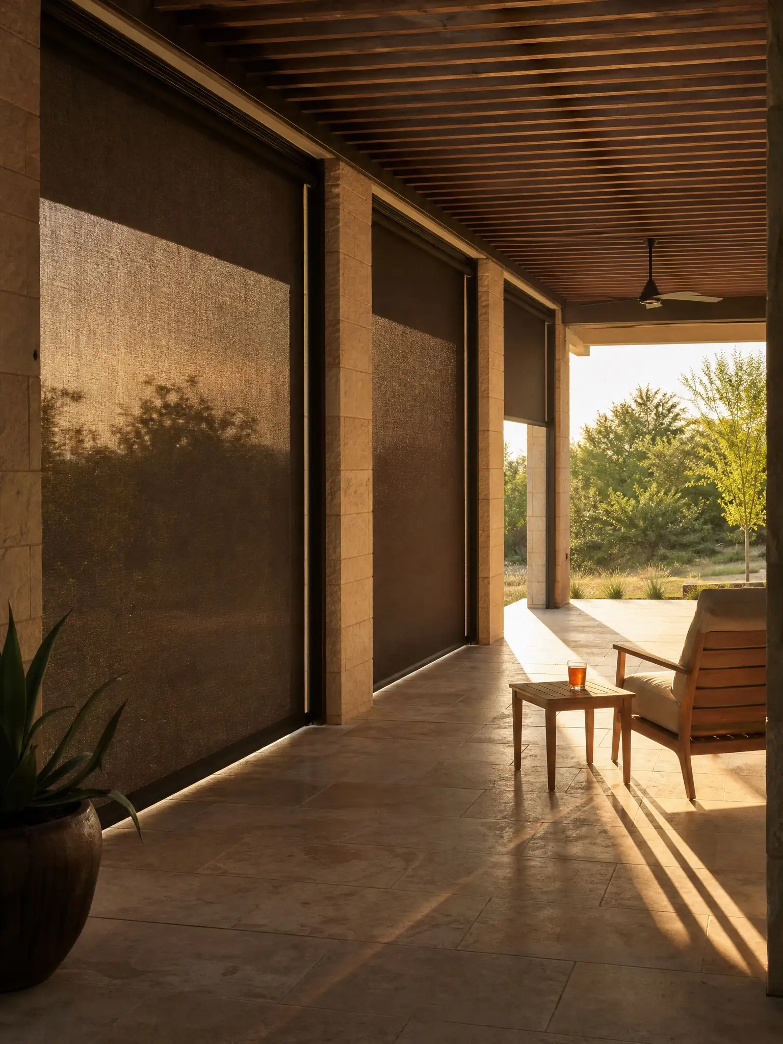 A limestone colonnade under a cedar slat roof with shades lowered in the bays and low sun raking in from the open end.