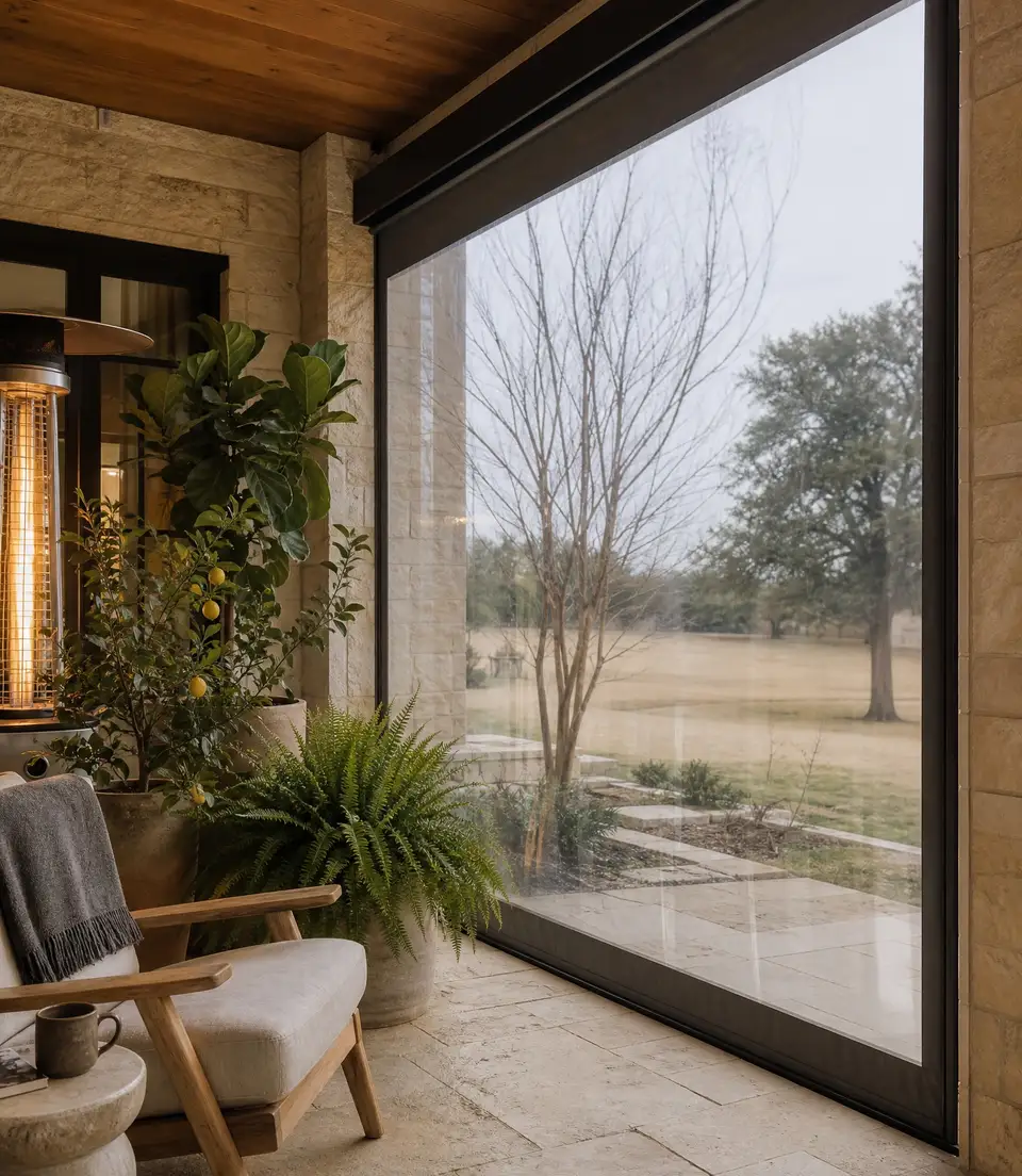 A patio closed with a clear vinyl panel on an overcast winter day, a patio heater and potted lemon tree inside, a dormant lawn outside.