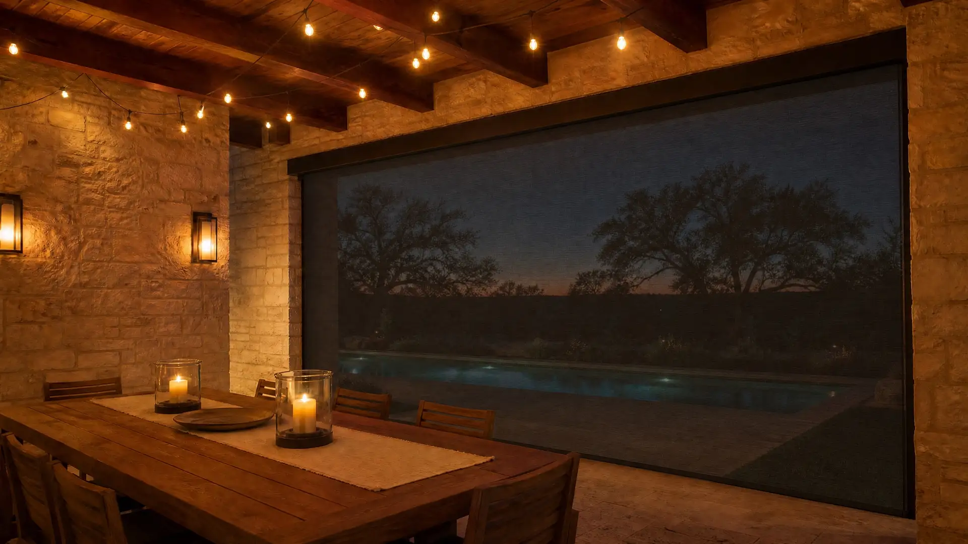 An outdoor dining room at dusk with the screen lowered, candles lit, the pool glowing faintly through the fabric.